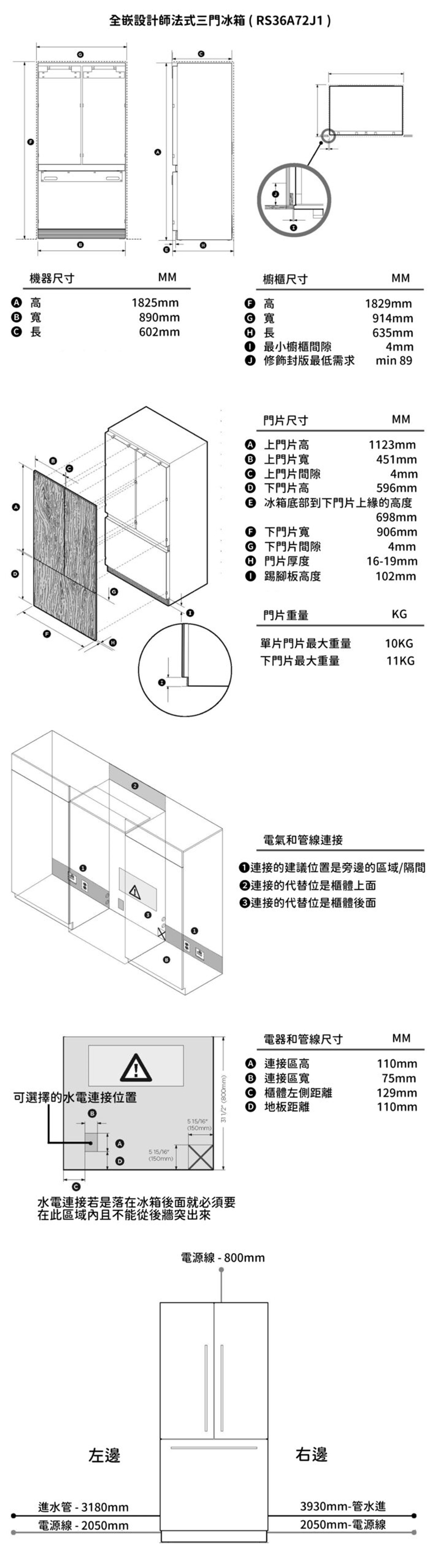 Active Smart 全嵌入法式冰箱安裝尺寸圖